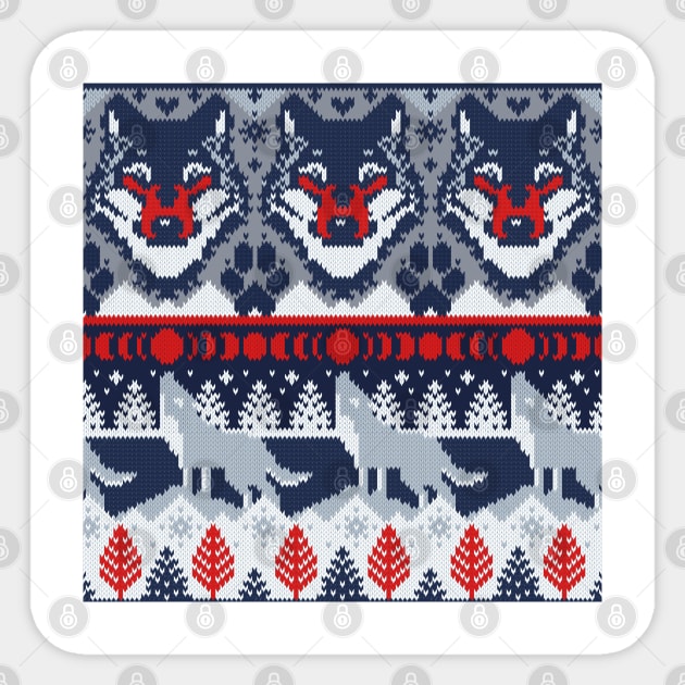 Fair isle knitting grey wolf // pattern // navy blue and grey wolves red moons and pine trees Sticker by SelmaCardoso